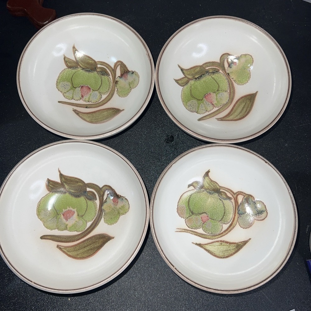 Denby Langley Troubadour Fruit Dessert Bowls Set of 4 Green Floral Stoneware